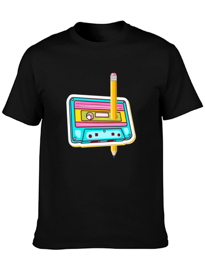 Retro Cassette & Pencil Graphic T-Shirt
