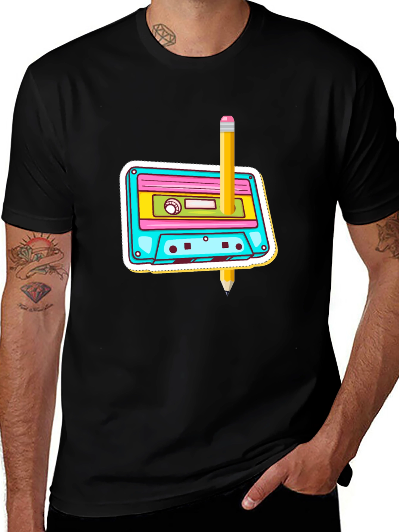 Retro Cassette & Pencil Graphic T-Shirt
