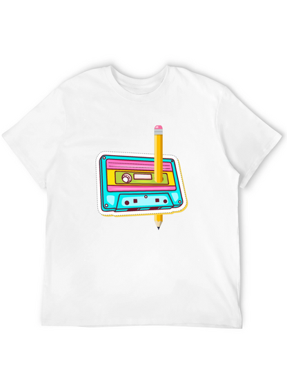 Retro Cassette & Pencil Graphic T-Shirt