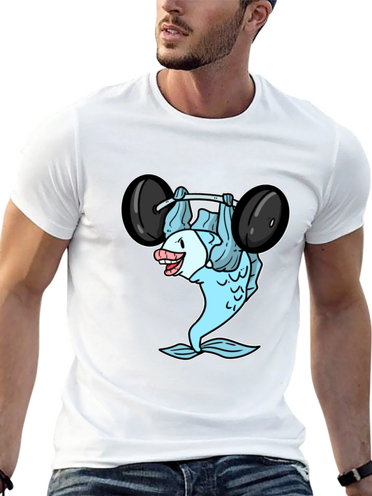 Funny Fish Lifting Barbell Graphic T-Shirt