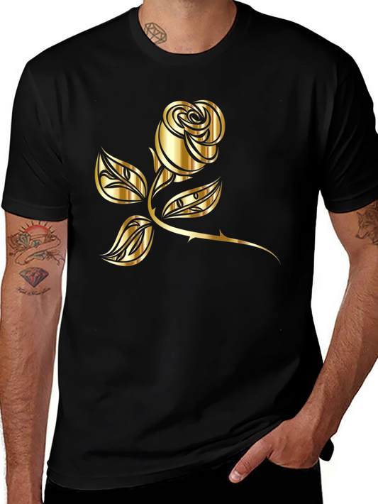 Black T-Shirt with Golden Rose Graphic