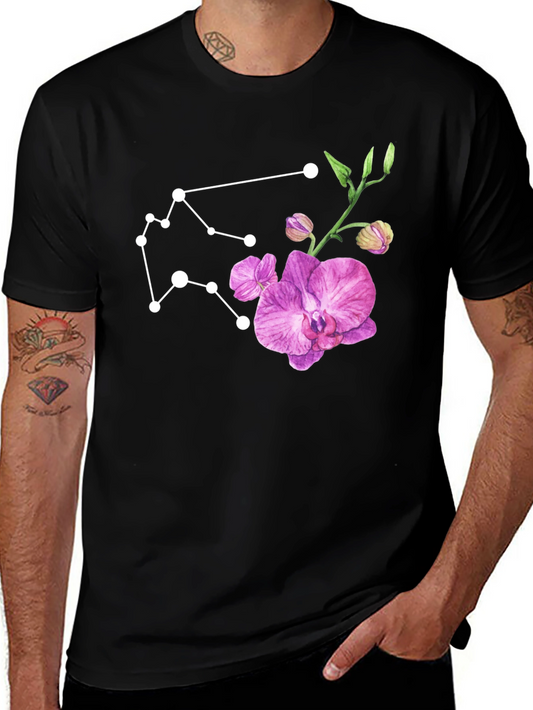 Aquarius Constellation & Floral Black Tee