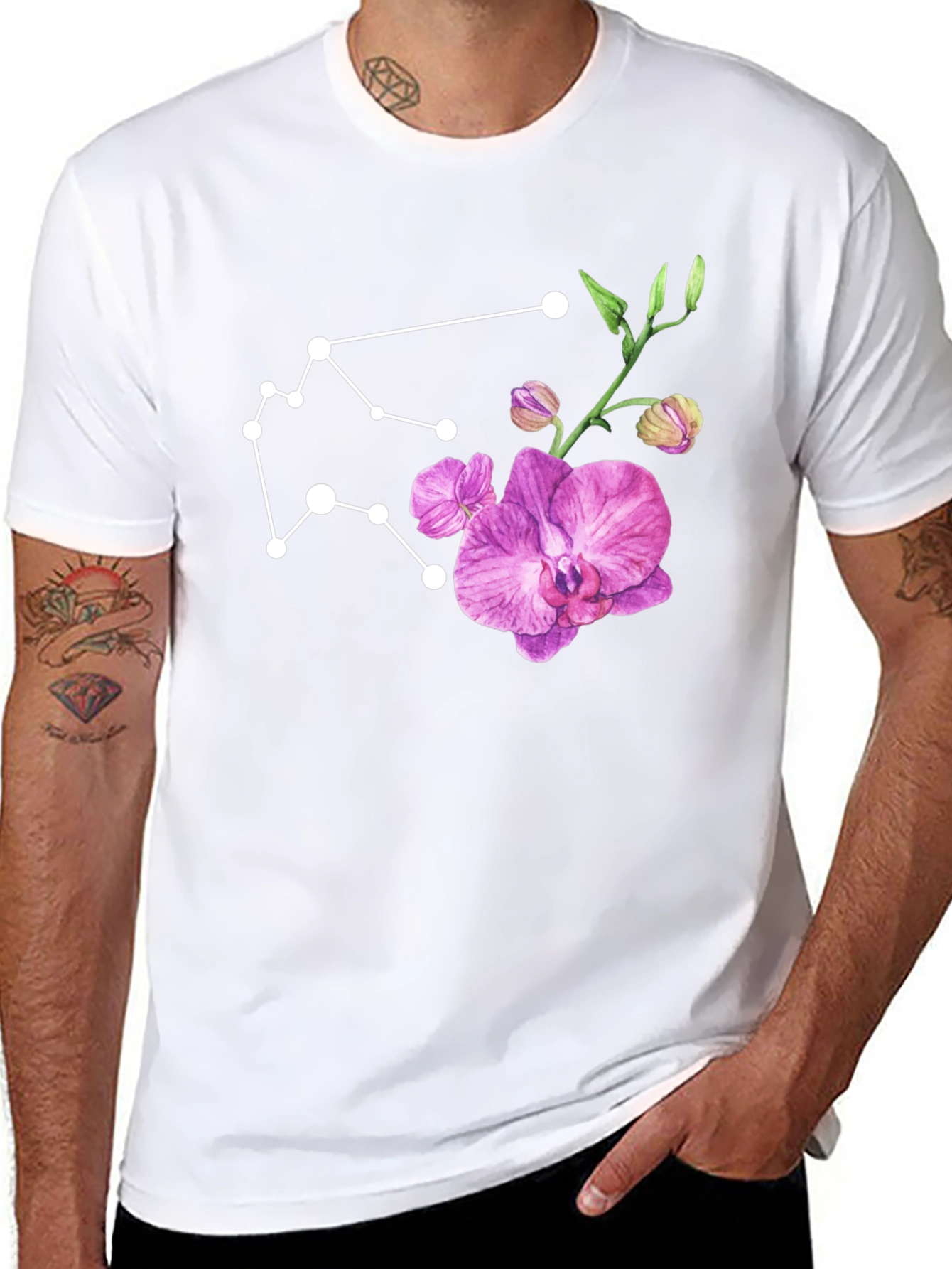 Aquarius Constellation & Floral Black Tee