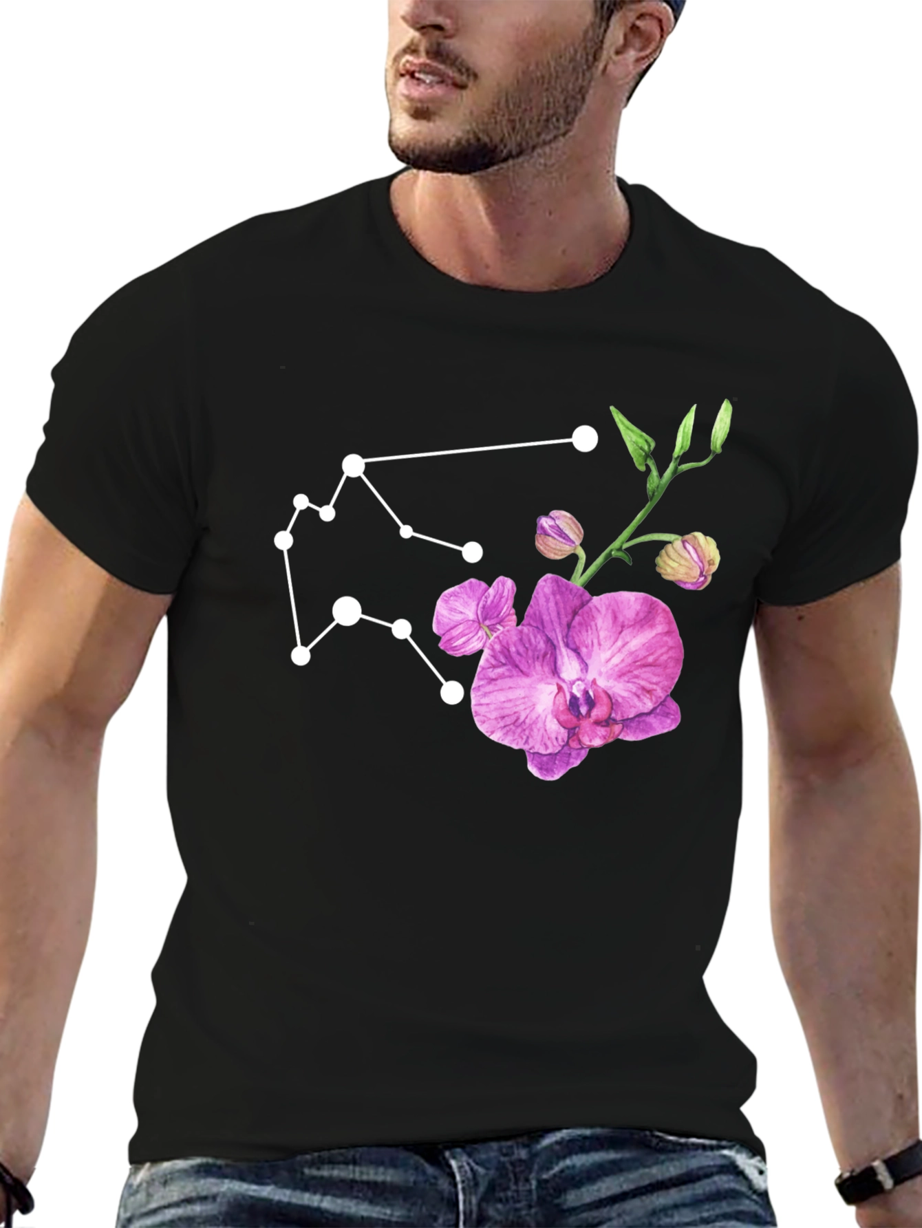 Aquarius Constellation & Floral Black Tee