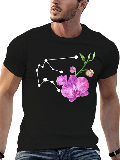 Aquarius Constellation & Floral Black Tee