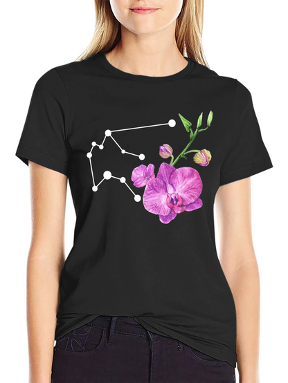 Aquarius Constellation & Floral Black Tee