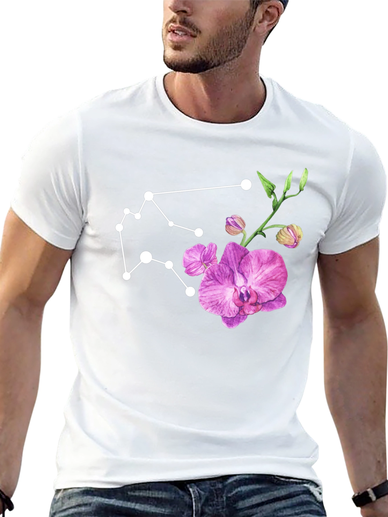 Aquarius Constellation & Floral Black Tee