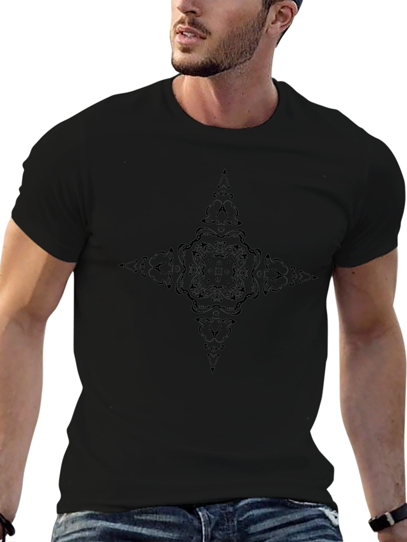 Mens Black T-Shirt with Dark Ornamental Design