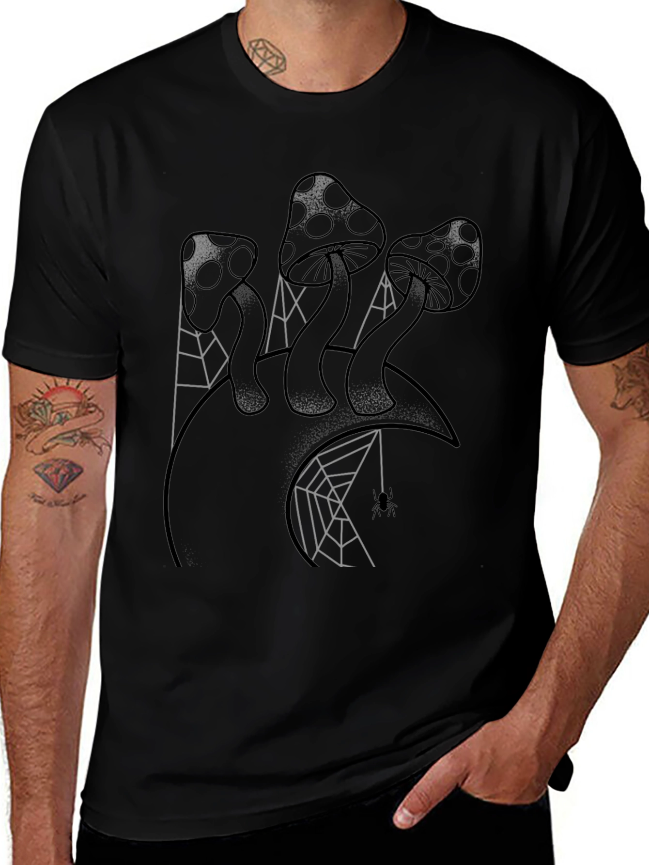 Mushroom and Spiderweb Graphic Tee - Black