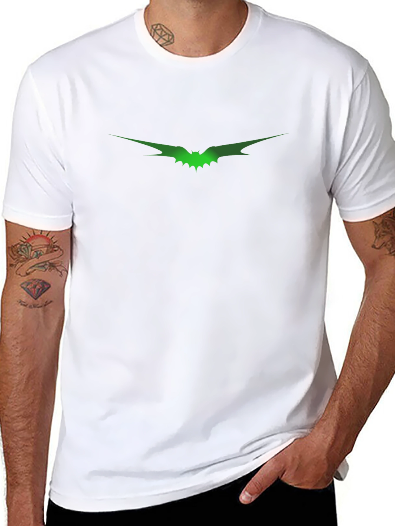 Mens Black T-Shirt with Green Bat Graphic