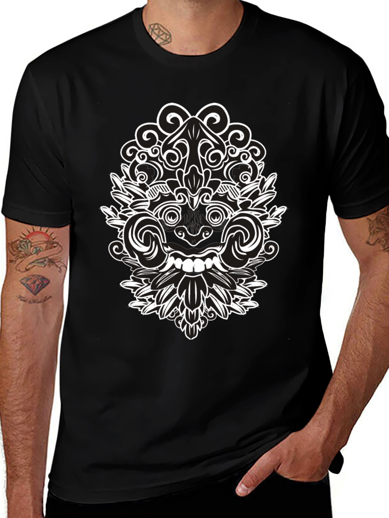 Black Tee with Intricate White Balinese Mask Design