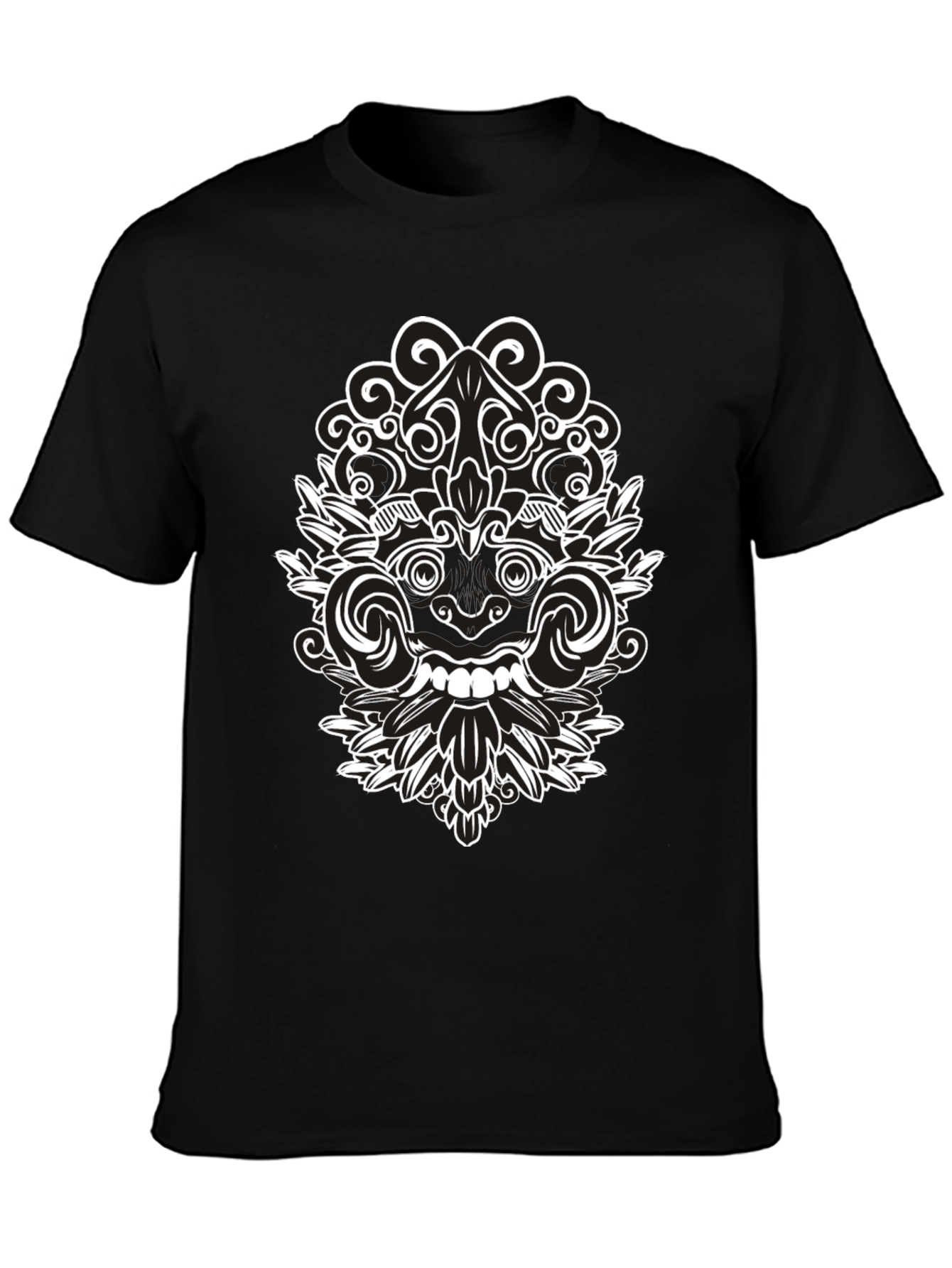 Black Tee with Intricate White Balinese Mask Design