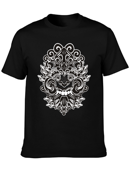 Black Tee with Intricate White Balinese Mask Design
