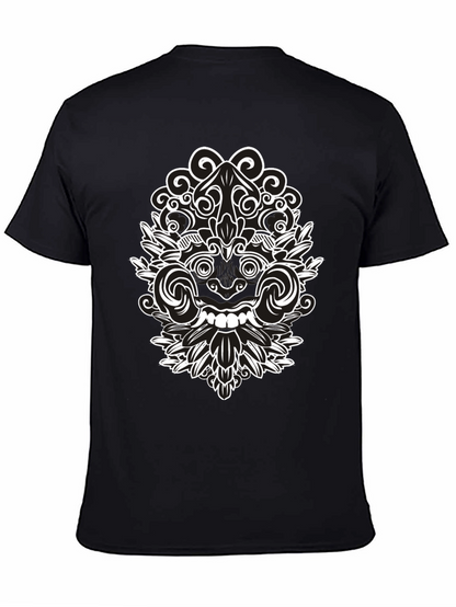 Black Tee with Intricate White Balinese Mask Design