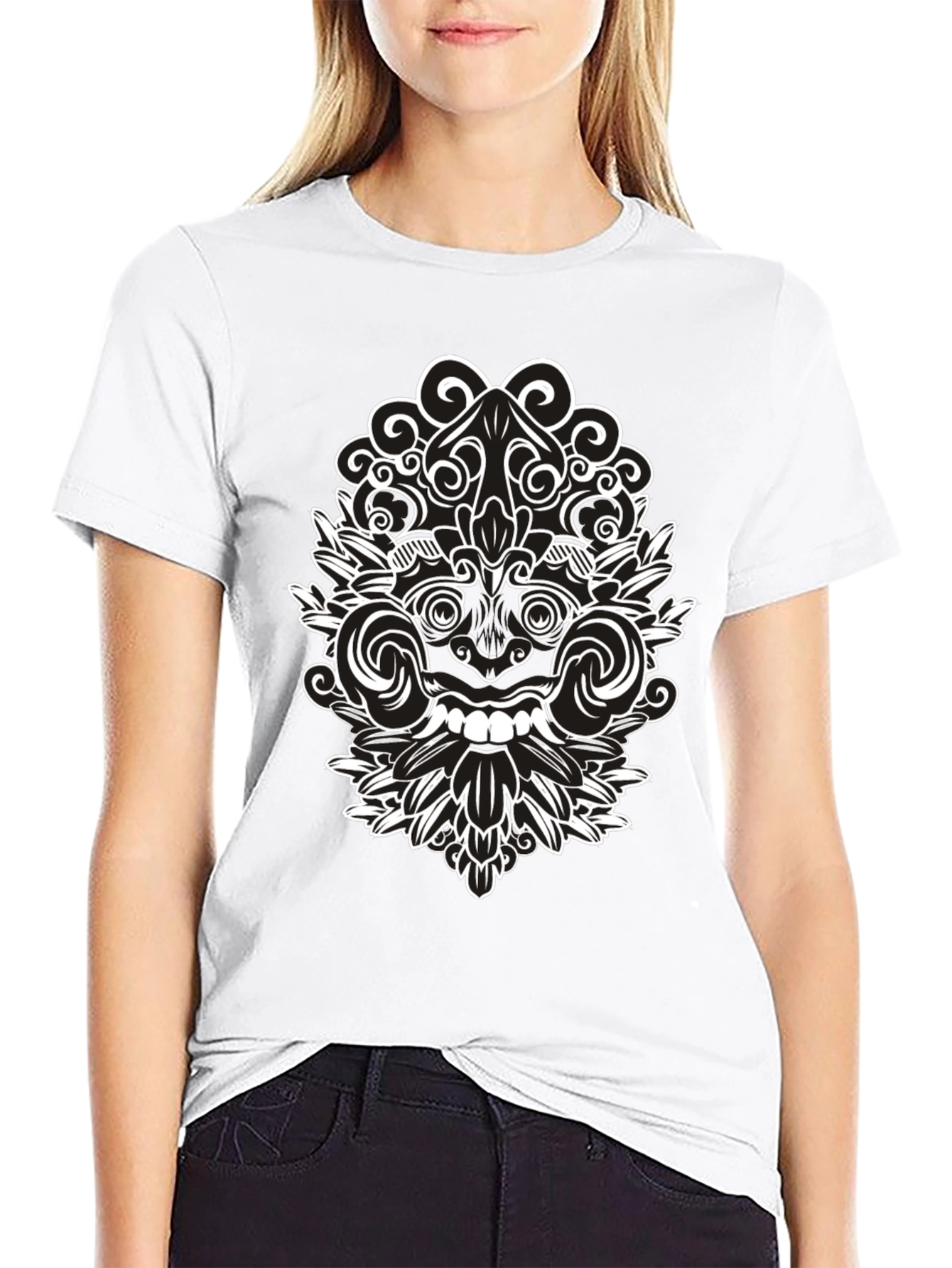 Black Tee with Intricate White Balinese Mask Design