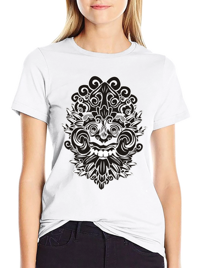 Black Tee with Intricate White Balinese Mask Design