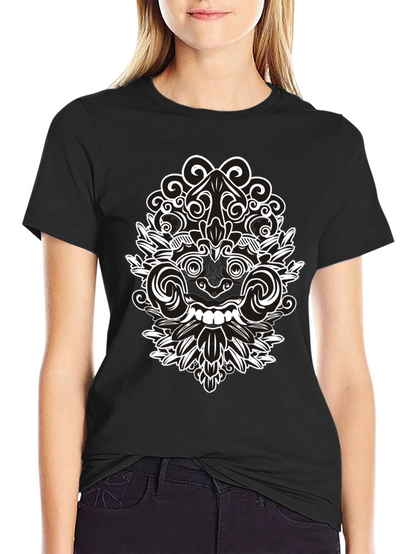 Black Tee with Intricate White Balinese Mask Design