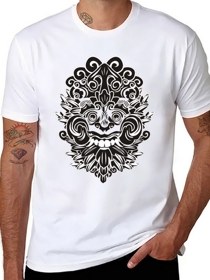 Black Tee with Intricate White Balinese Mask Design