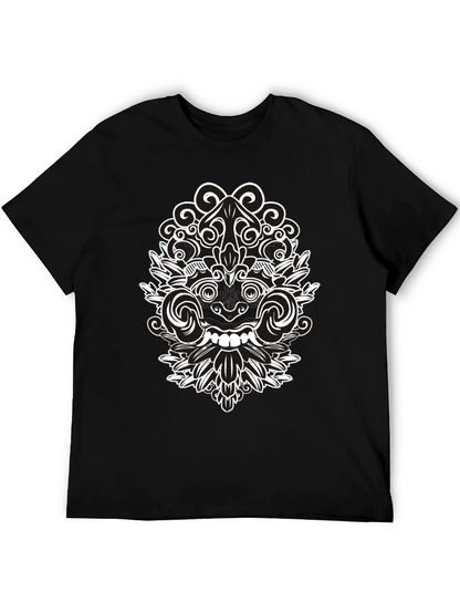Black Tee with Intricate White Balinese Mask Design