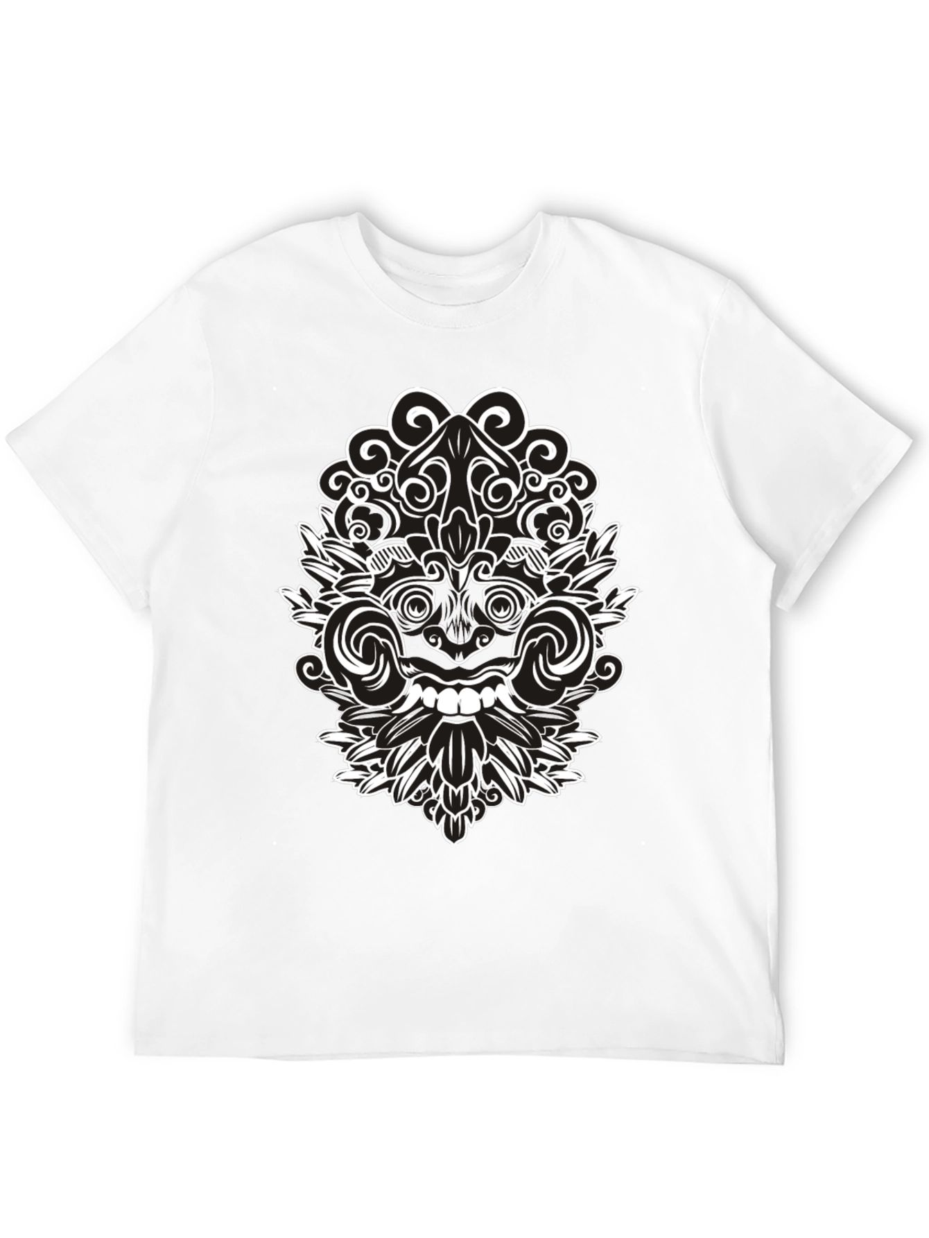 Black Tee with Intricate White Balinese Mask Design
