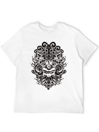 Black Tee with Intricate White Balinese Mask Design