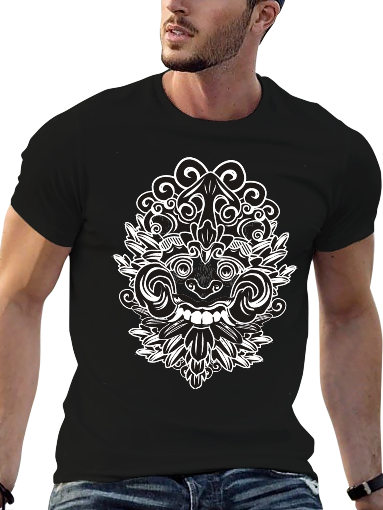 Black Tee with Intricate White Balinese Mask Design