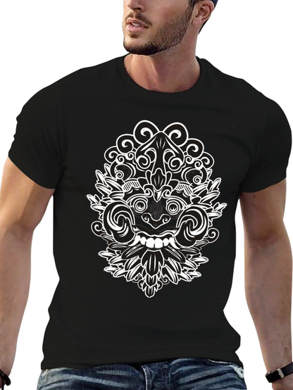 Black Tee with Intricate White Balinese Mask Design