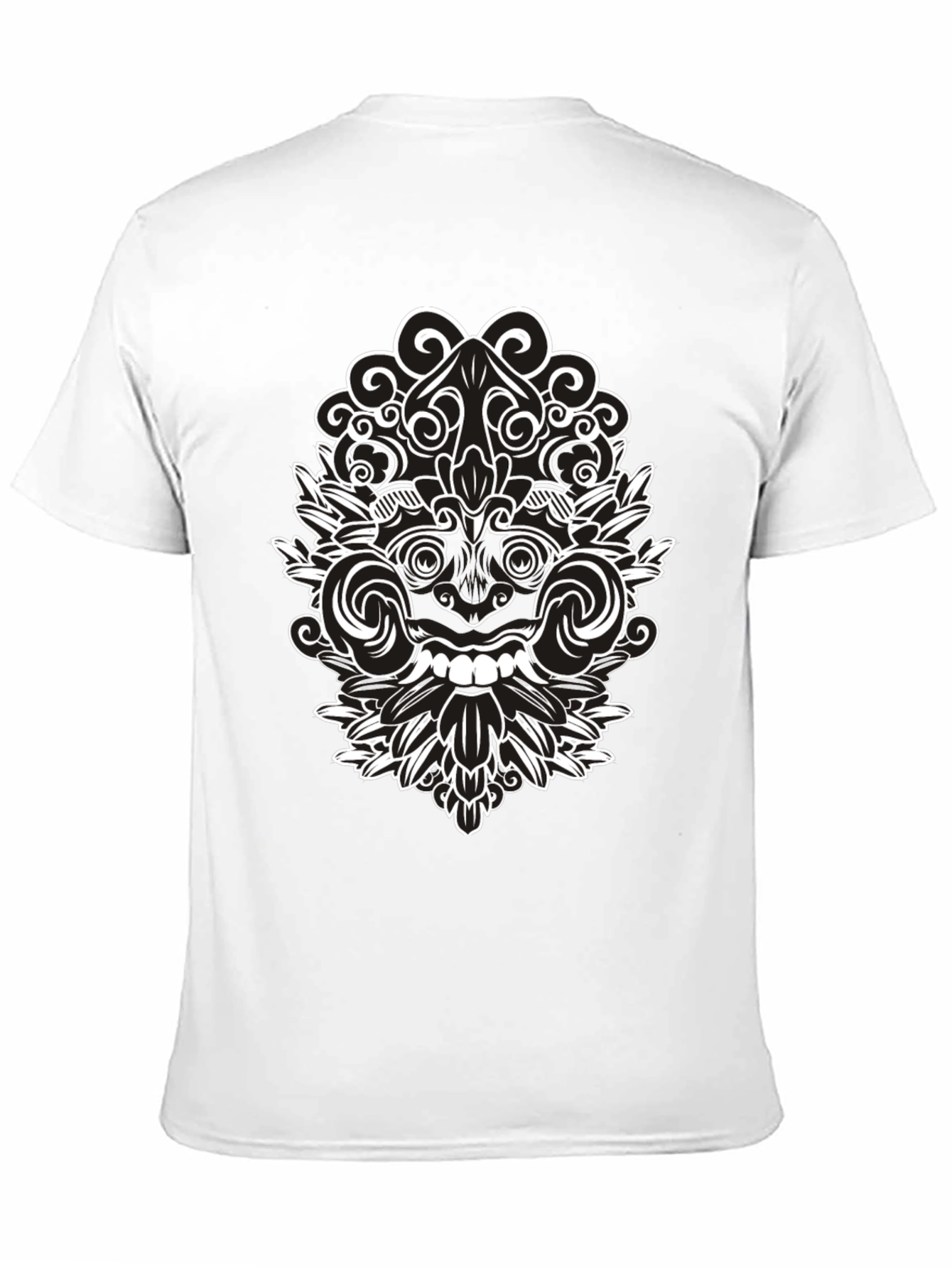 Black Tee with Intricate White Balinese Mask Design