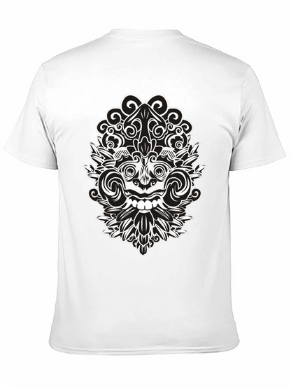 Black Tee with Intricate White Balinese Mask Design