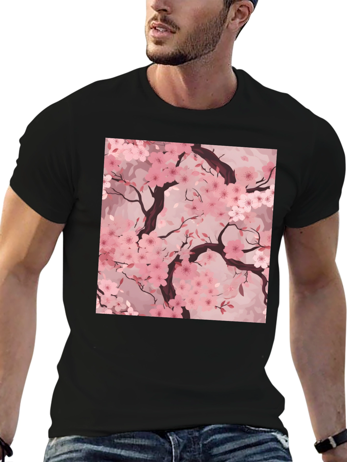 Sakura Blossom Graphic Tee - Black Cotton T-Shirt