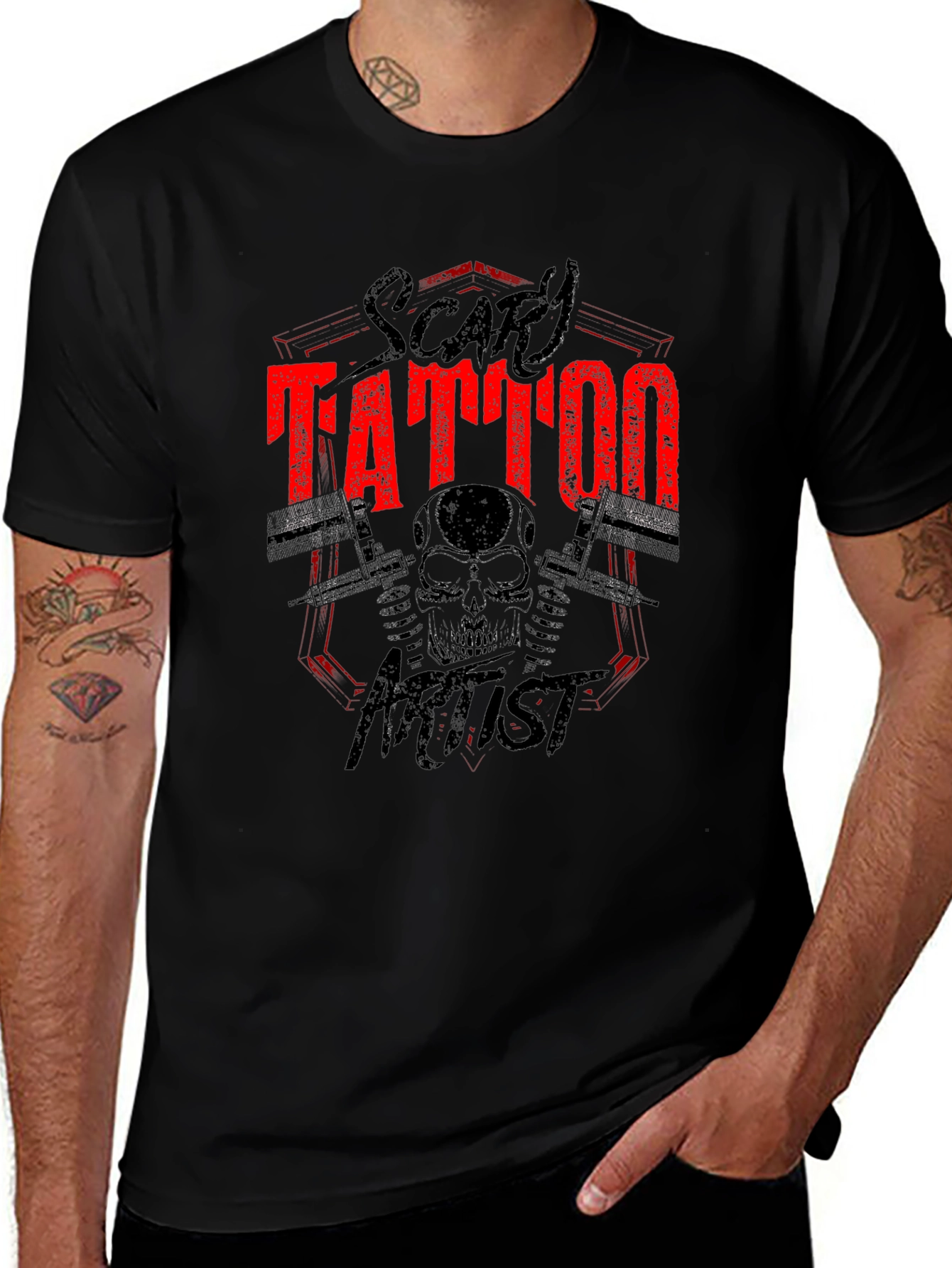 Scary Tattoo Artist Graphic Print Black T-Shirt