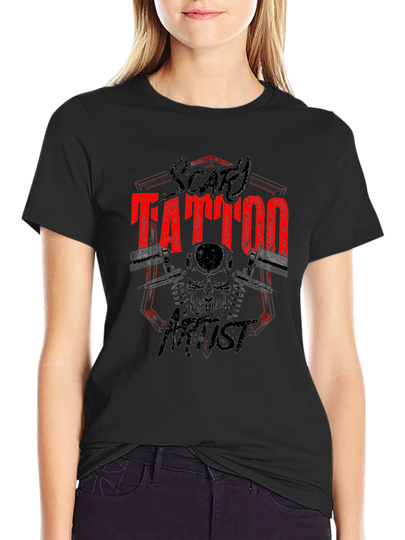 Scary Tattoo Artist Graphic Print Black T-Shirt