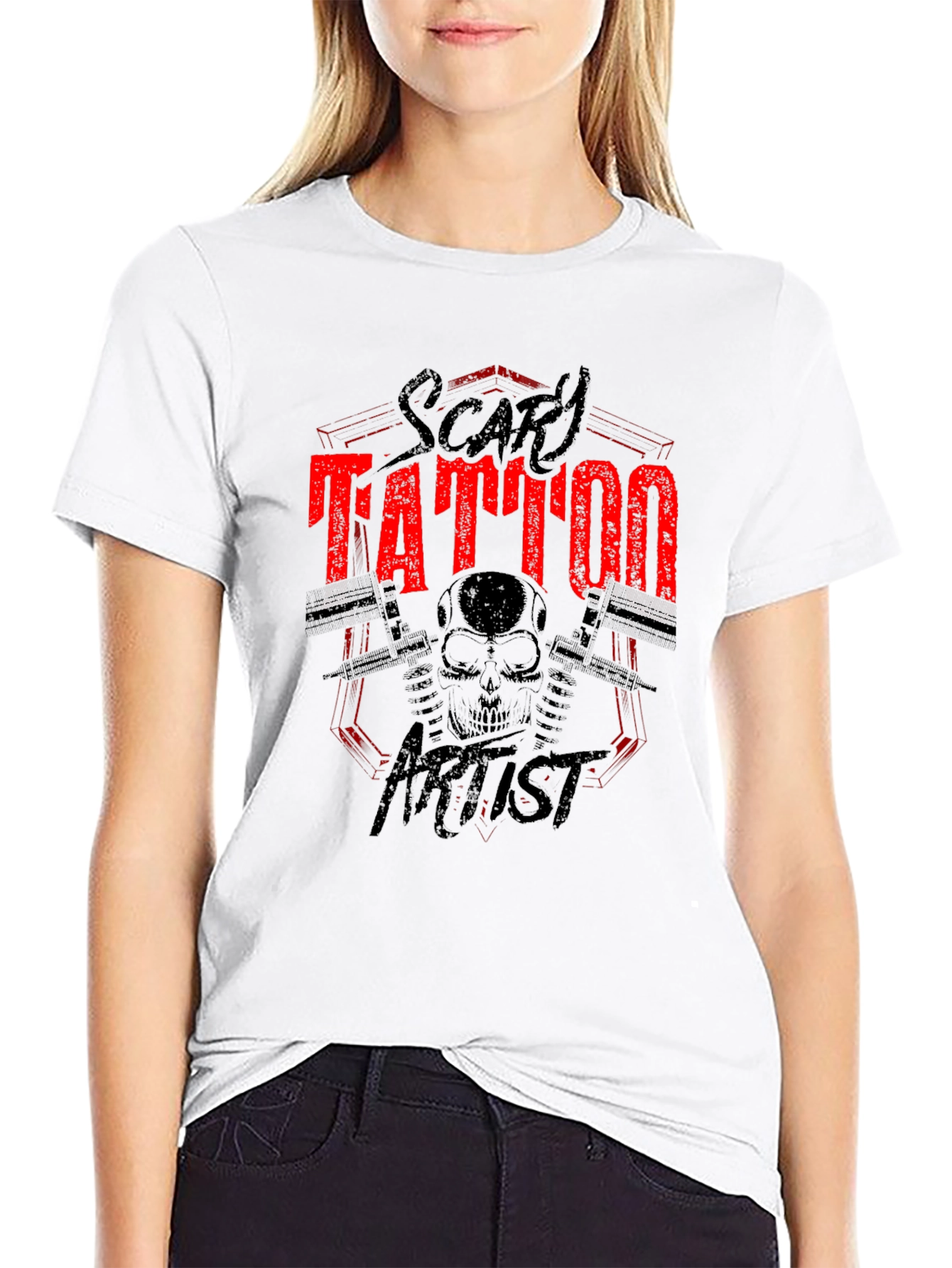 Scary Tattoo Artist Graphic Print Black T-Shirt
