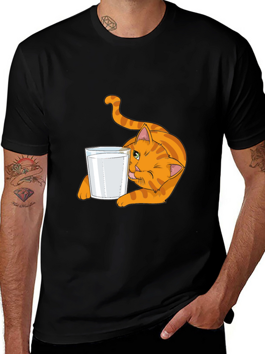 Cat & Milk Glass Graphic Tee - Black Cotton T-Shirt