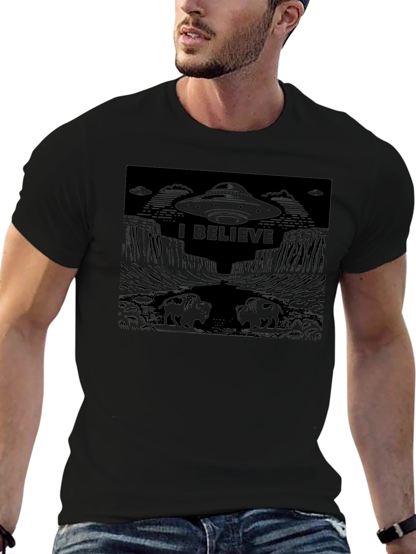 I Believe UFO Graphic T-Shirt - Black