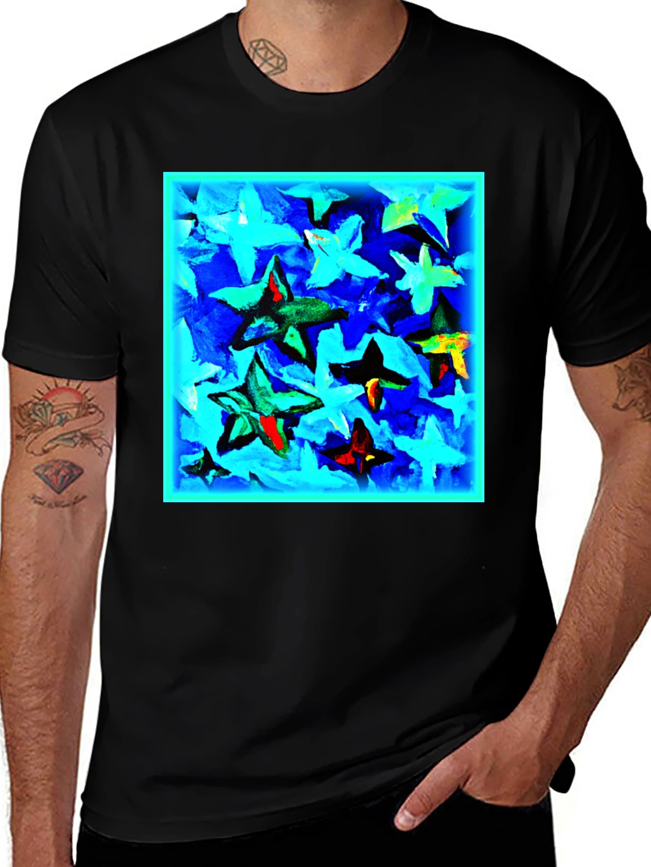 Abstract Star Print Black T-Shirt