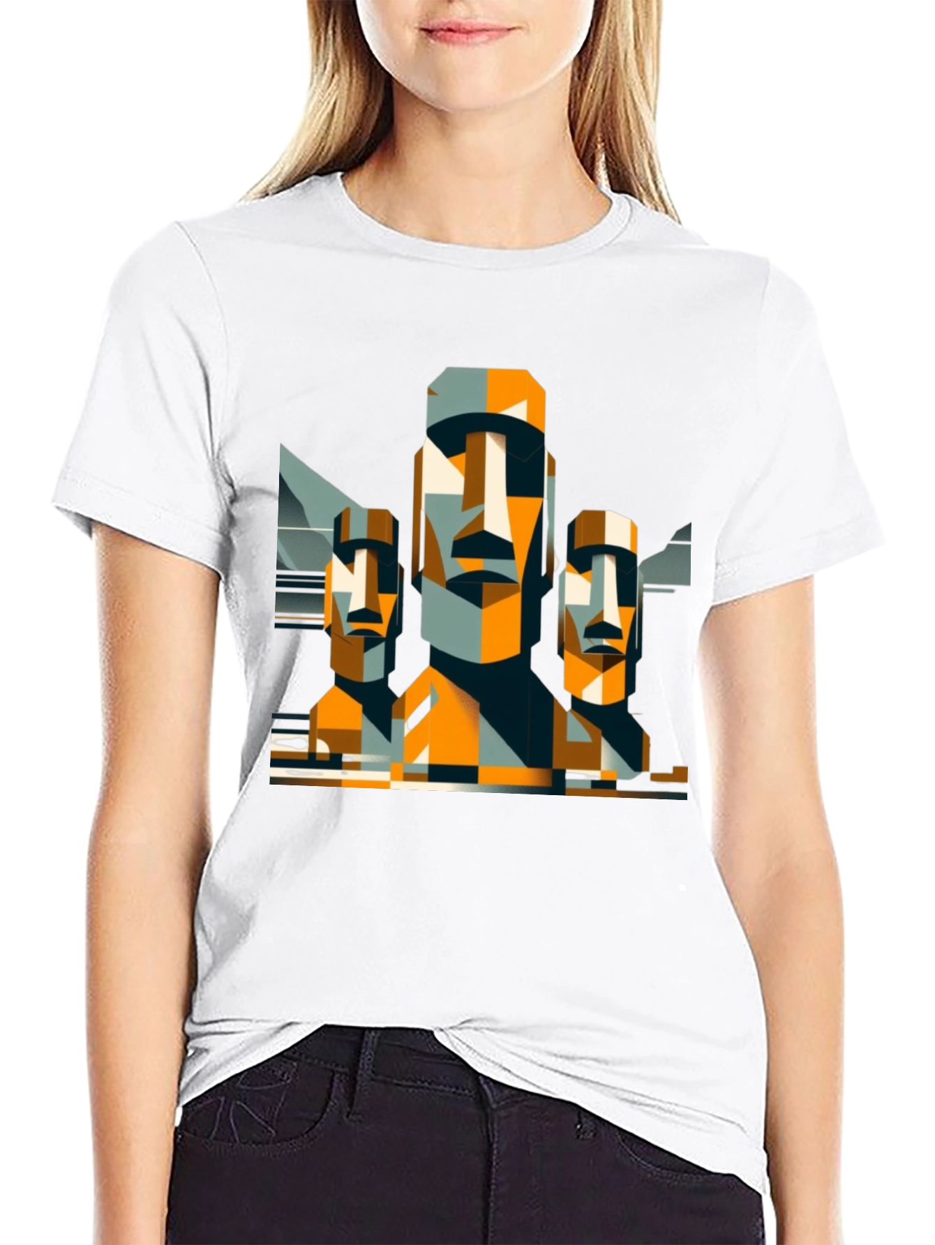 Moai Statue Graphic Tee - Modern Geometric Design