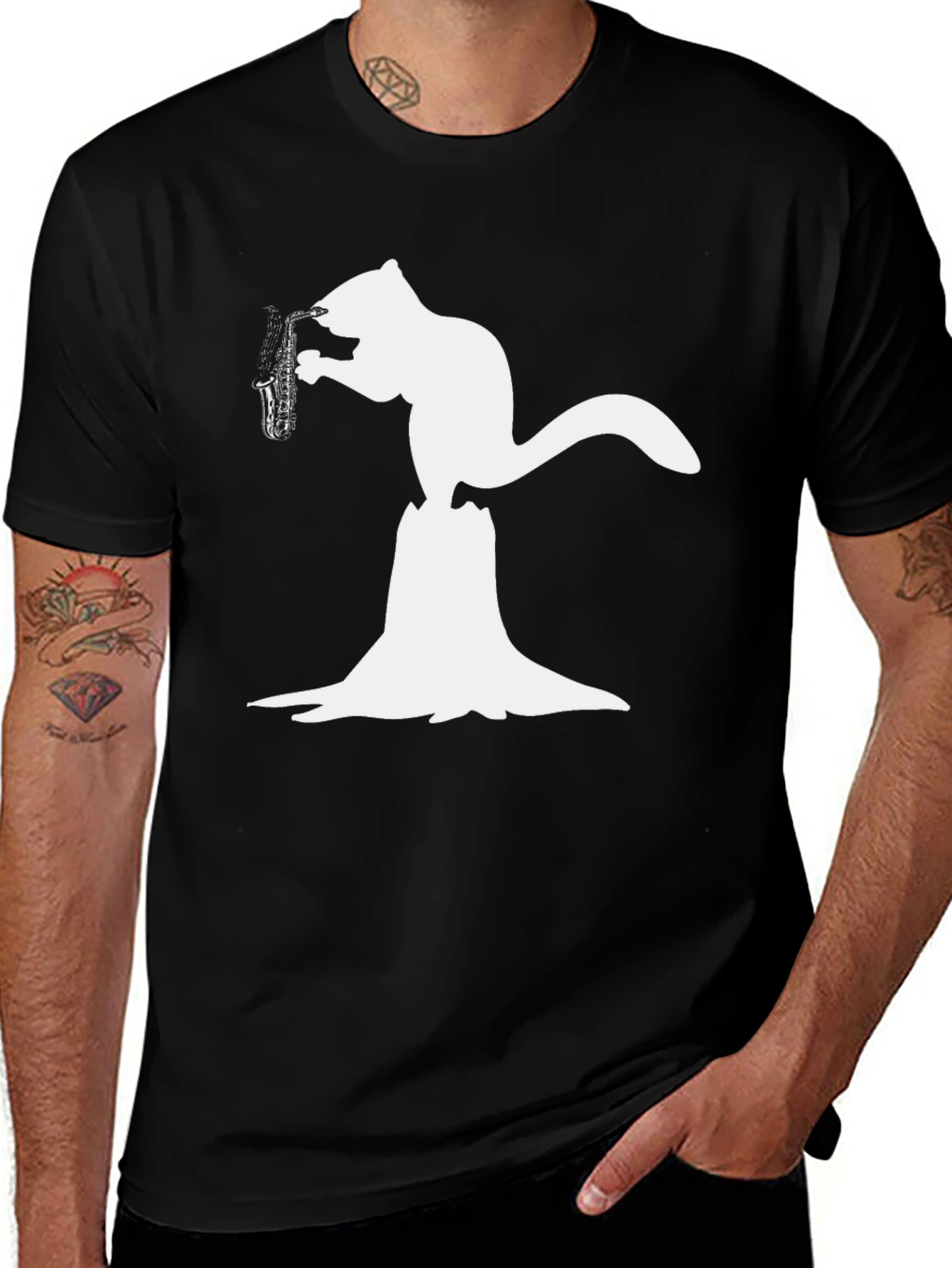 Saxophone Squirrel Black T-Shirt