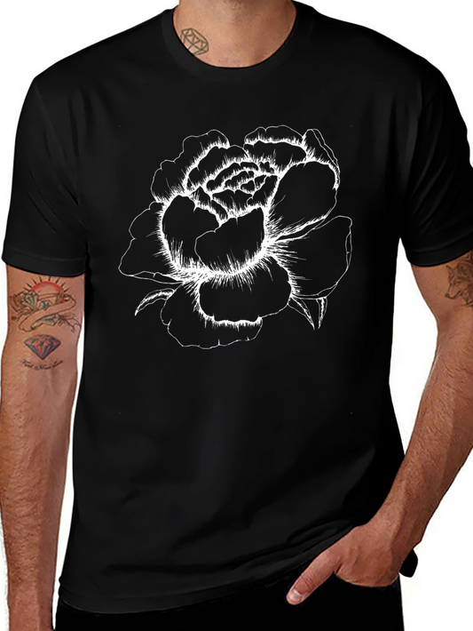 Black Floral Graphic Tee - Elegant White Rose Design