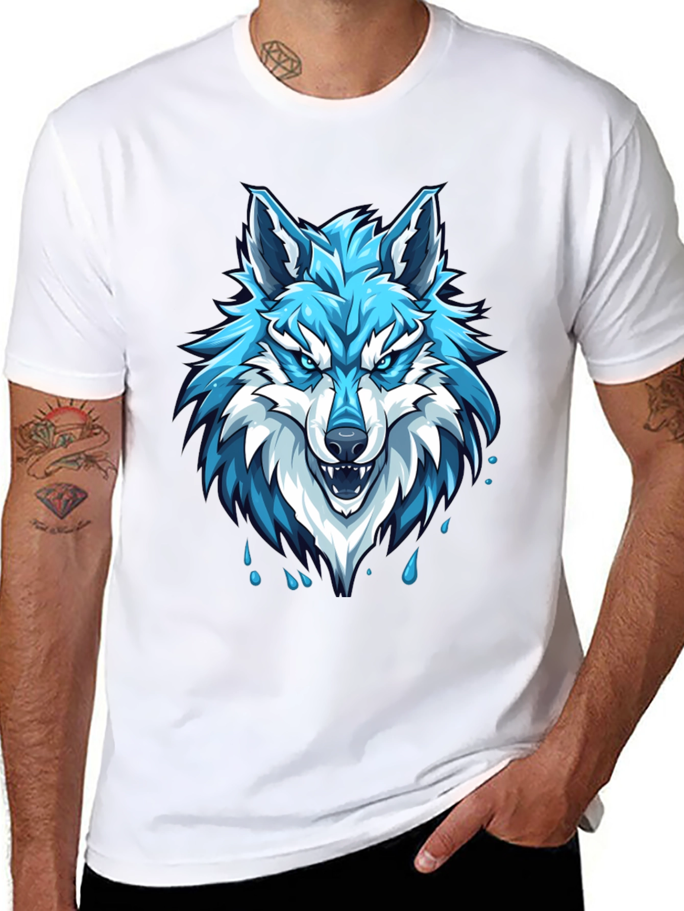 Black T-Shirt with Fierce Blue Wolf Graphic