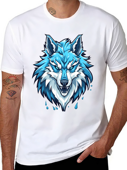 Black T-Shirt with Fierce Blue Wolf Graphic