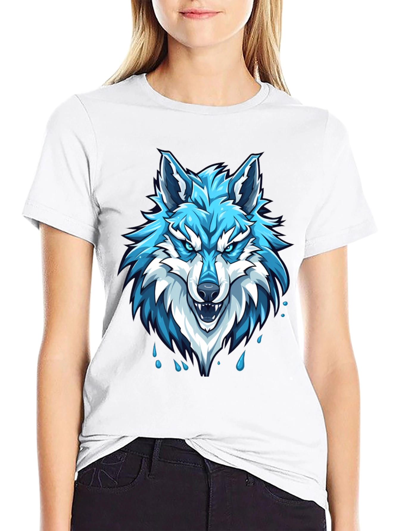 Black T-Shirt with Fierce Blue Wolf Graphic
