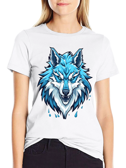 Black T-Shirt with Fierce Blue Wolf Graphic