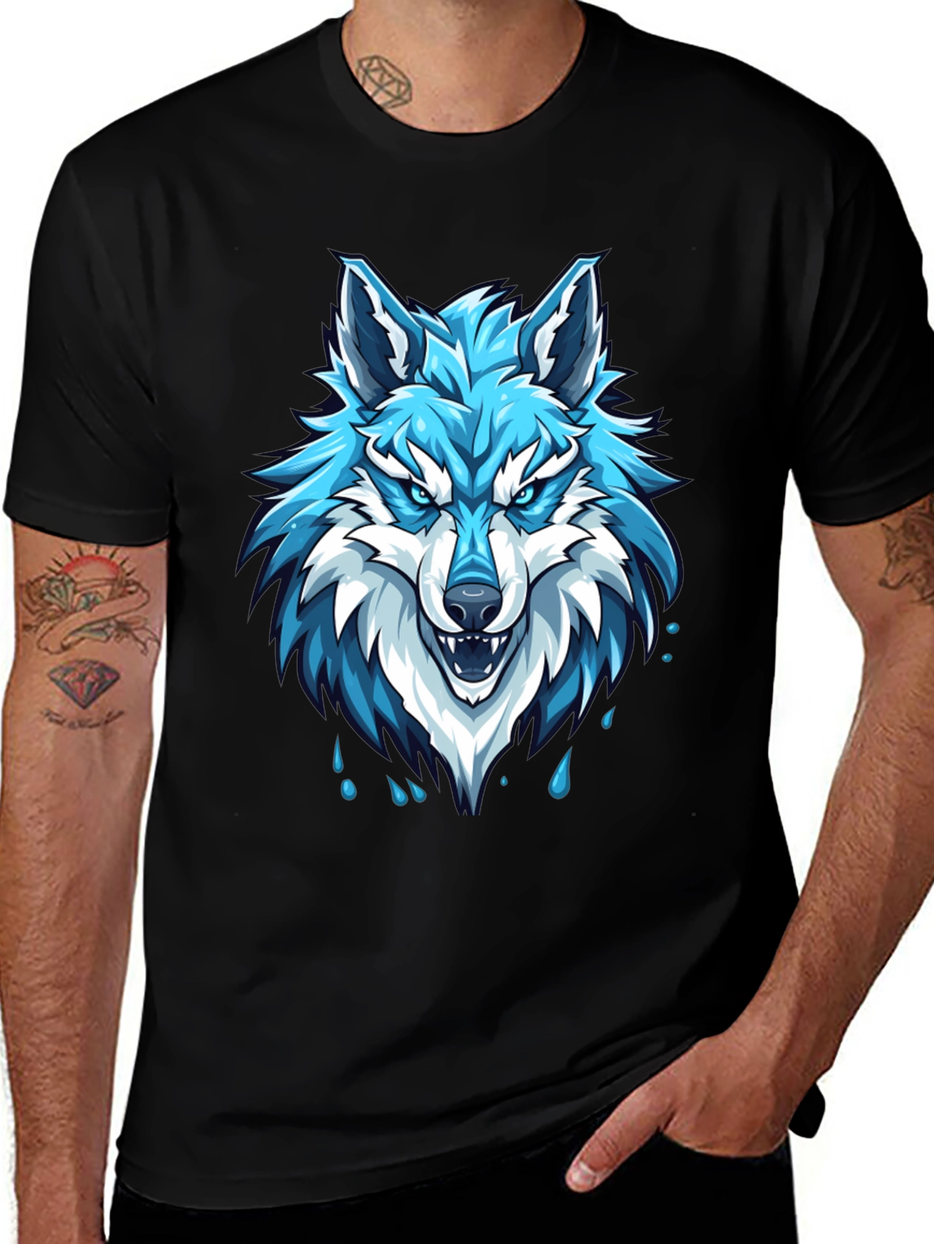 Black T-Shirt with Fierce Blue Wolf Graphic