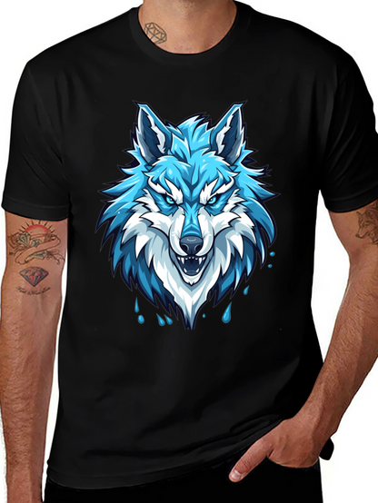 Black T-Shirt with Fierce Blue Wolf Graphic