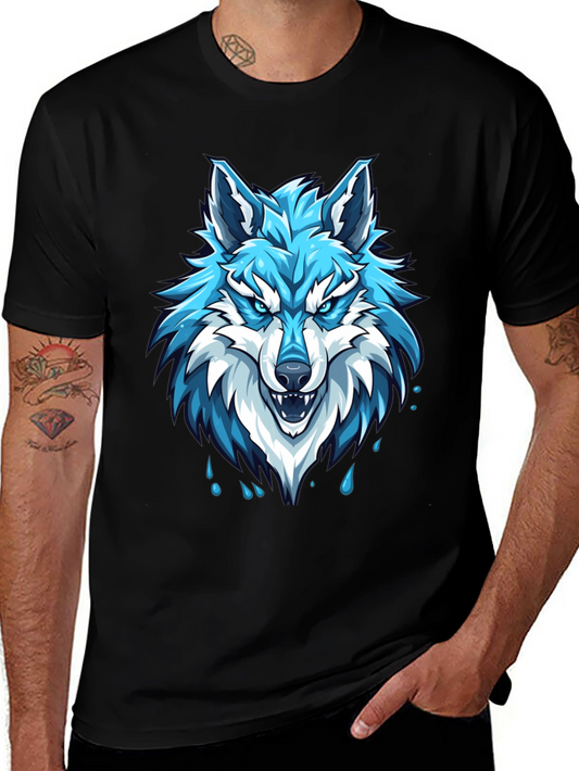 Black T-Shirt with Fierce Blue Wolf Graphic