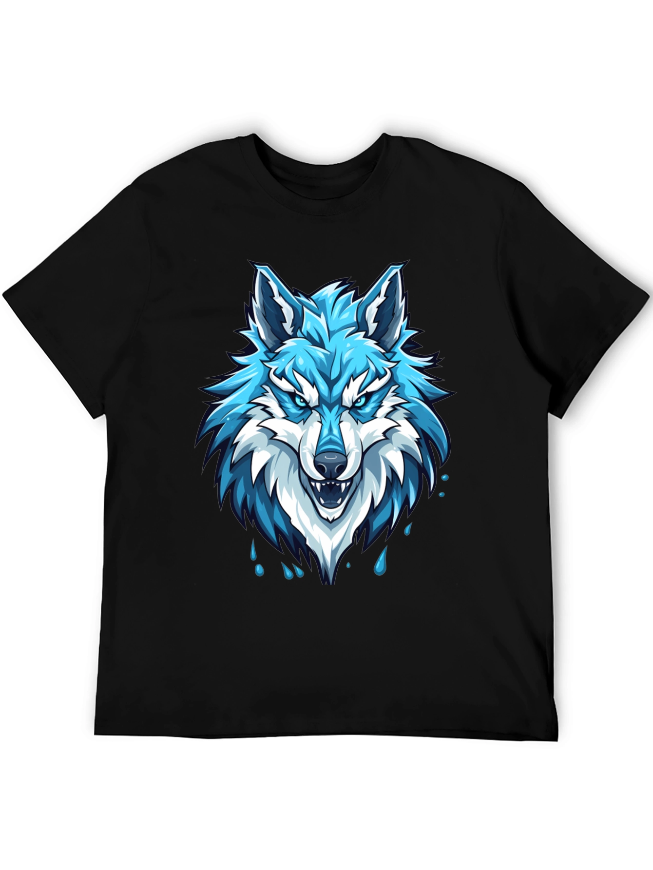 Black T-Shirt with Fierce Blue Wolf Graphic