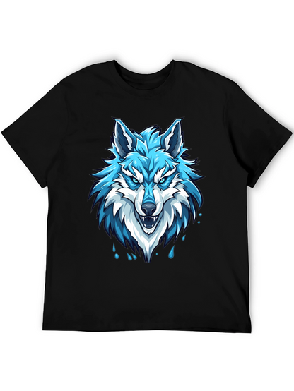 Black T-Shirt with Fierce Blue Wolf Graphic