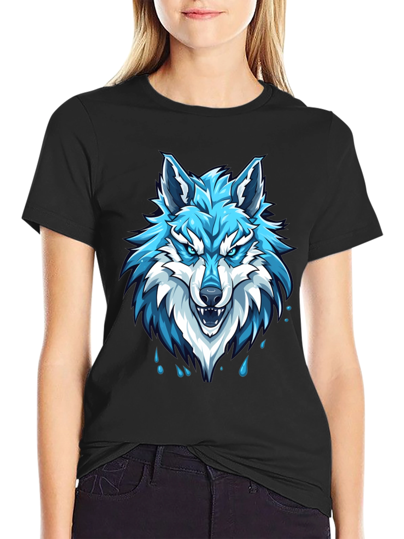 Black T-Shirt with Fierce Blue Wolf Graphic