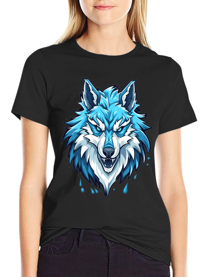 Black T-Shirt with Fierce Blue Wolf Graphic